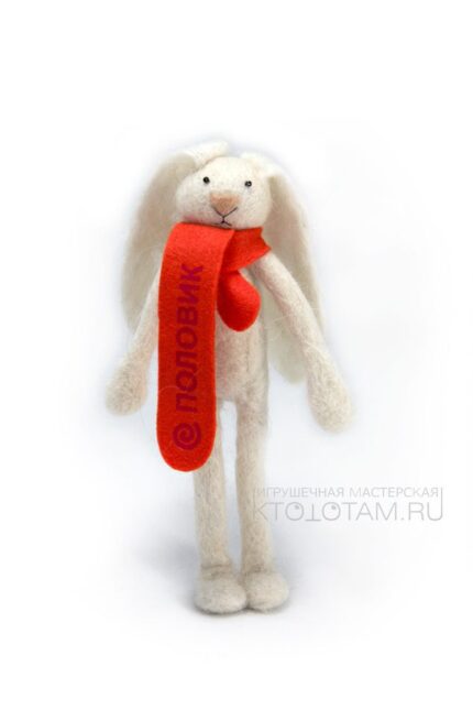 Подарочный новогодний набор из войлока , игрушка из войлока ручного валяния, персонаж заяц, снежок с логотипом, заяц в шарфике