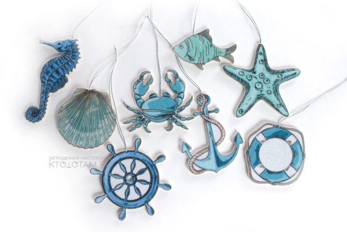 елочные игрушки из фетра на морскую тематику, морские сувениры из фетра, краб, рыбка, морской конёк, спасательный круг, штурвал, морская звезда, игрушки из фетра