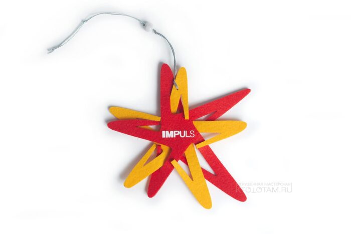 звезда корпоративный символ, сувенирные елочные игрушки фетровые, подарочные елочные игрушки из войлока, фетровые игрушки с логотипом