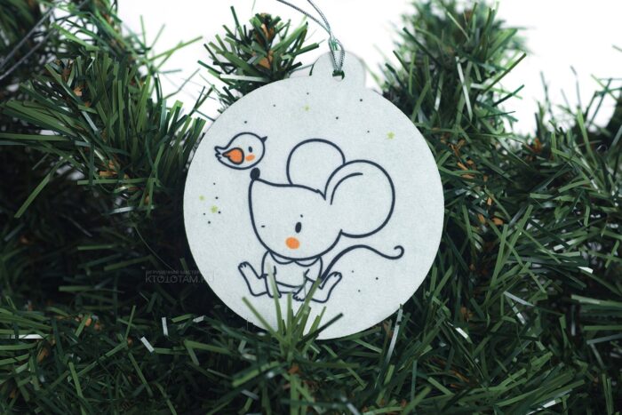 мышка с птичкой, ёлочная игрушка из фетра с принтом мышки символы года