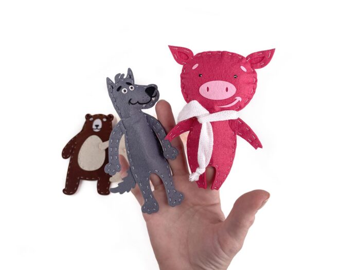 пальчиковые игрушки из фетра волки и поросёнок