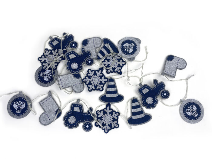 елочные игрушки мягкие гирлянда светодиодная с синим трактором, символы 2024 года сувениры, подарки из войлока